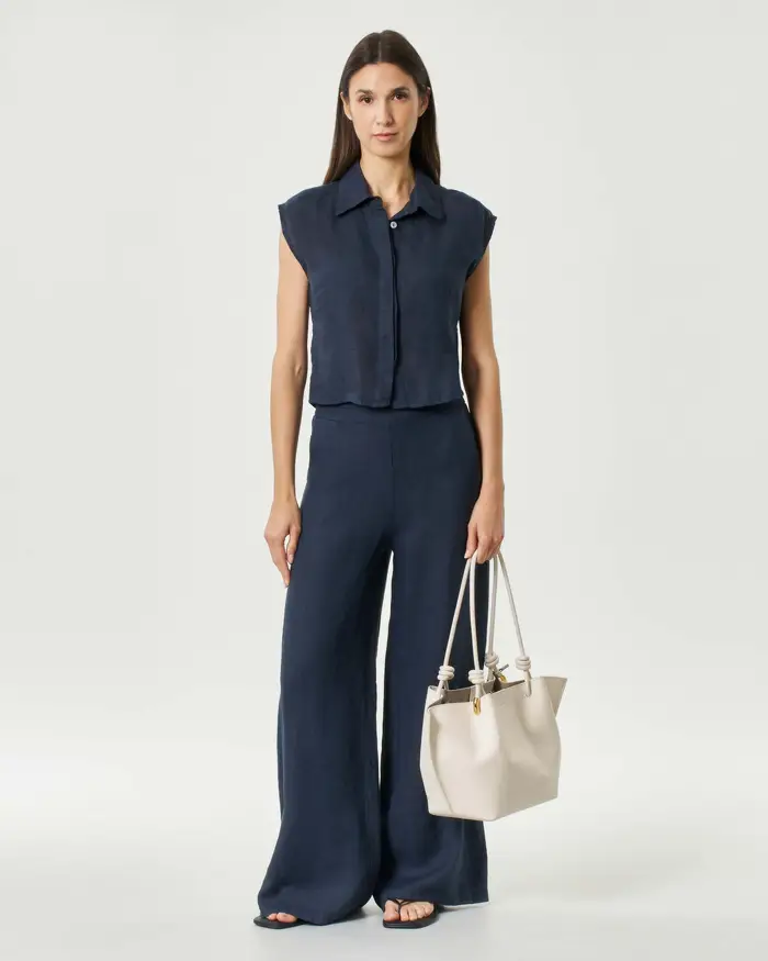 Hlo! Pantaloni palazzo blu in puro lino con vita elasticizzata e tasche laterali