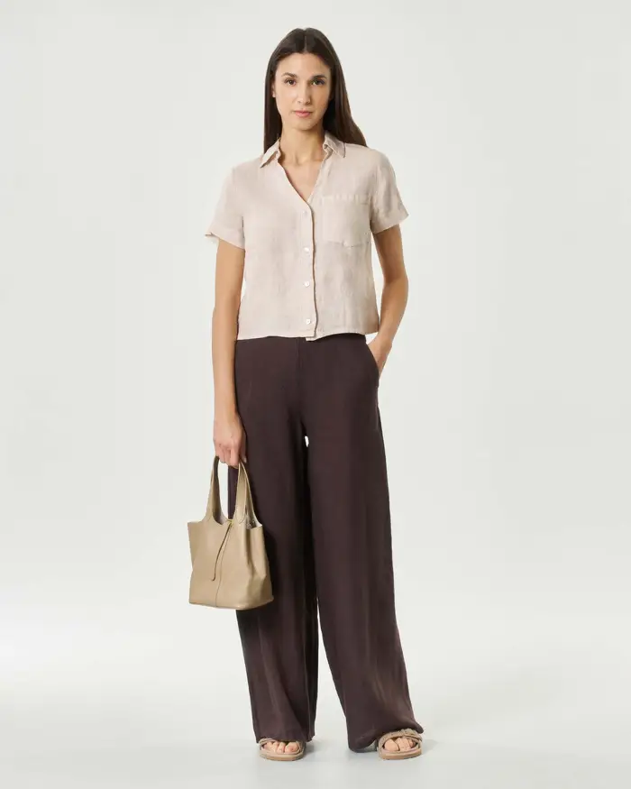 Hlo! Pantaloni palazzo marroni in puro lino con vita elasticizzata e tasche laterali