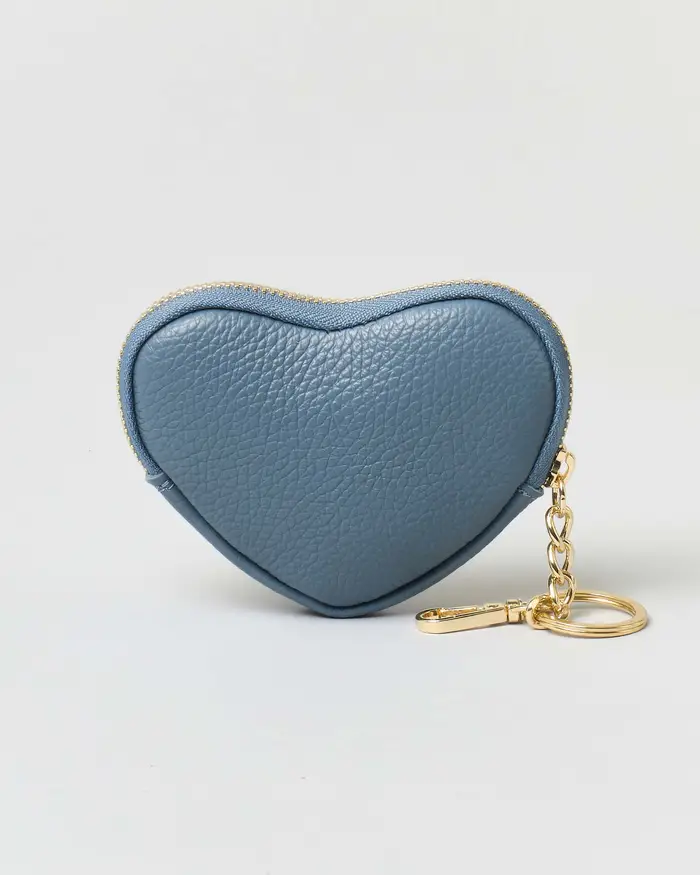 Portachiavi color avio in pelle a forma di cuore con cerniera