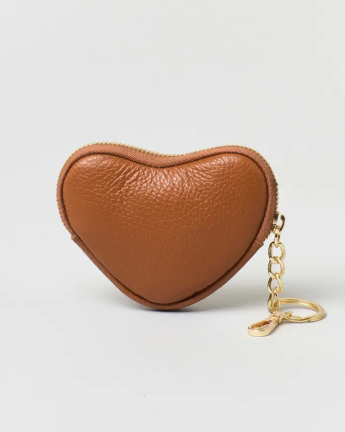 Portachiavi color cuoio in pelle a forma di cuore con cerniera