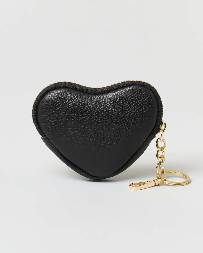 Portachiavi nero in pelle a forma di cuore con cerniera
