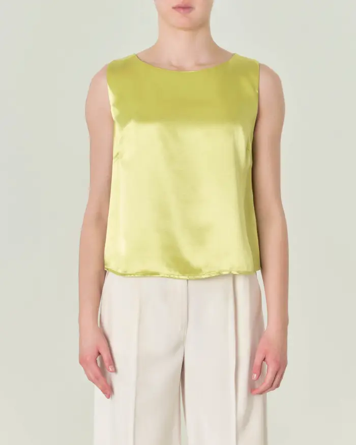 Top cropped senza maniche color lime in raso di viscosa