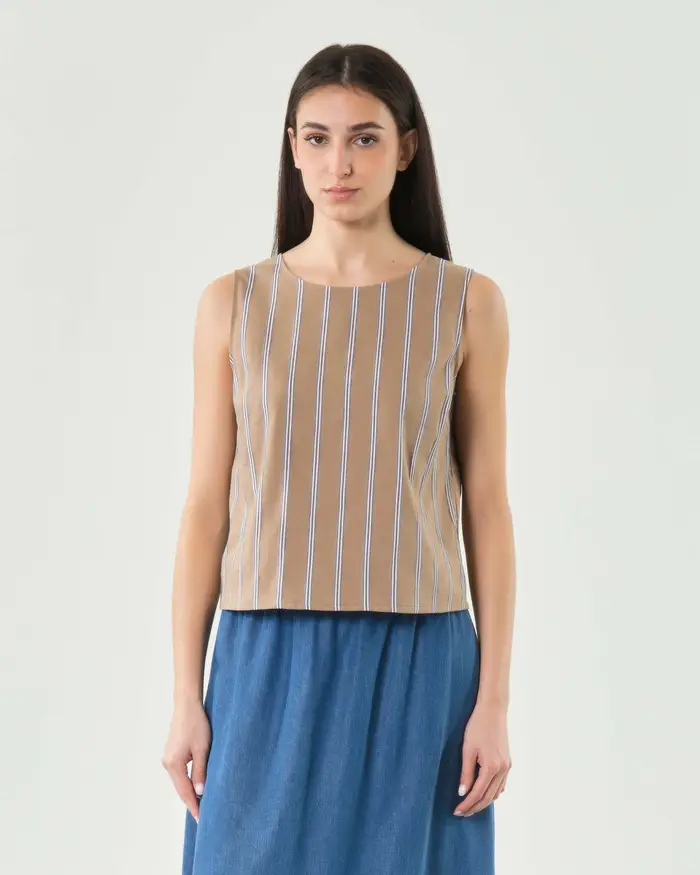 Hlo! Top girocollo senza maniche in misto cotone a righe con chiusura sul retro