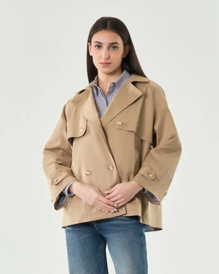 Hlo! Trench corto beige in misto cotone con patte antivento