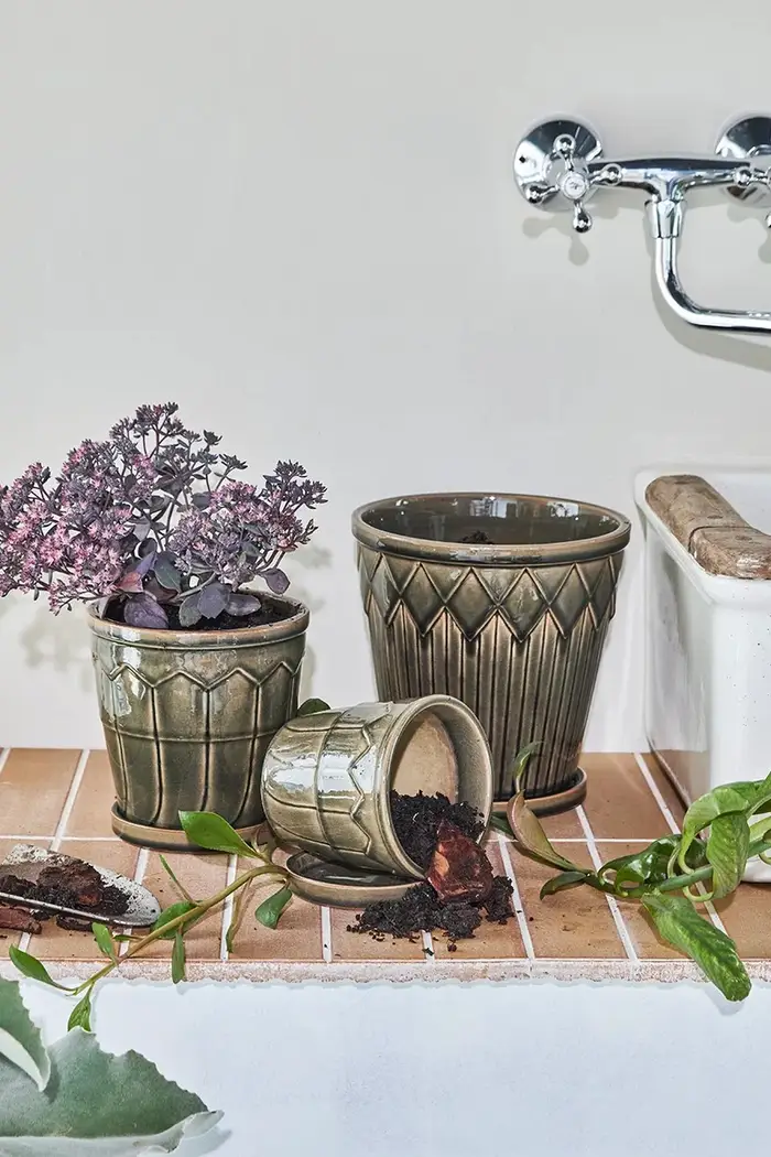 set di vasi con sottovaso in ceramica Verde miniatura 3