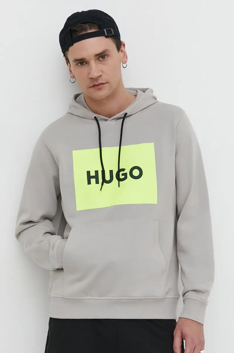 HUGO felpa in cotone uomo colore grigio con cappuccio Beige