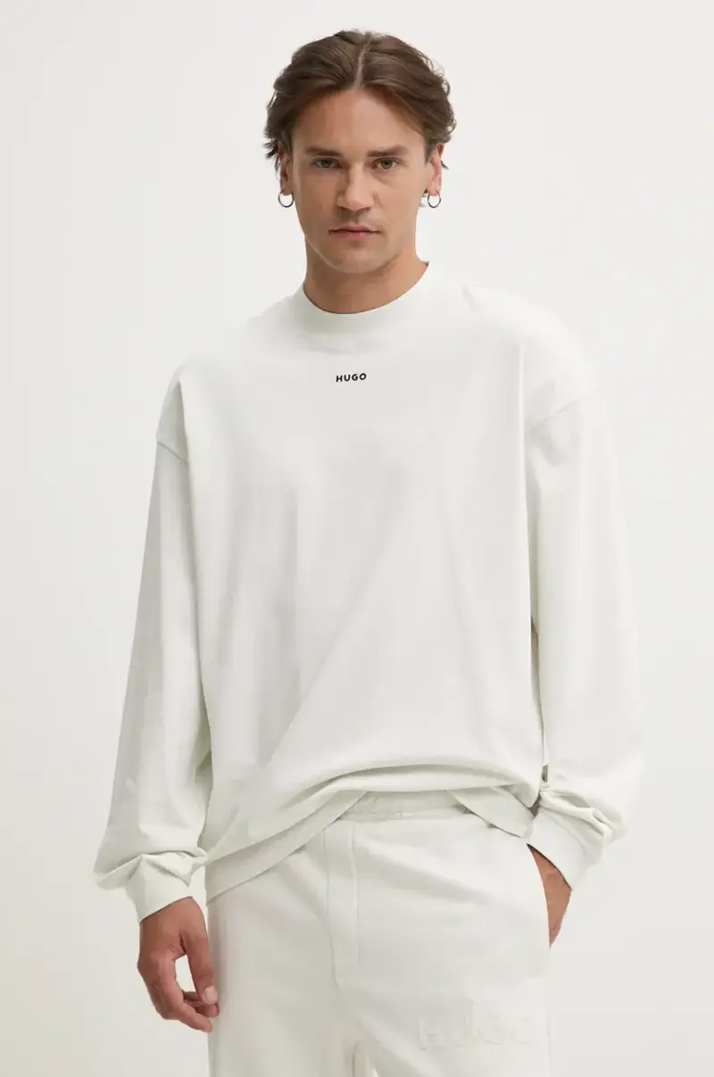 HUGO top a maniche lunghe in cotone colore beige