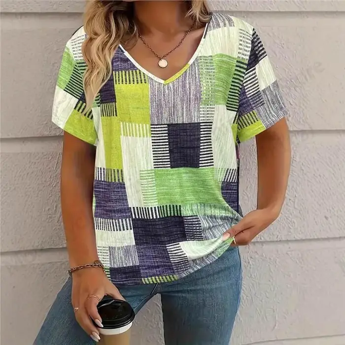 huiteng1 2025 Nuova T-shirt da Donna a Righe a Quadri Stampa 3D T-shirt Moda Donna Casual Scollo a V Manica Corta Top Magliette