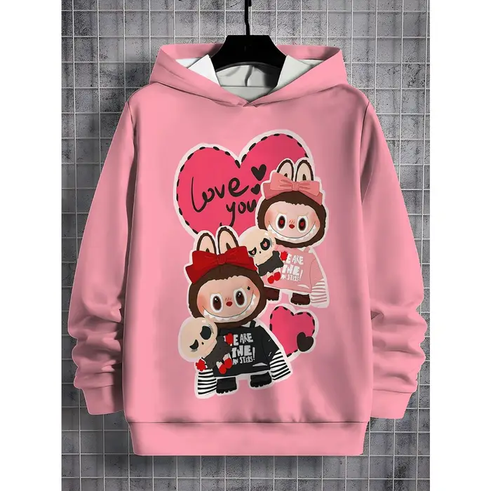 huiteng1 Felpa con cappuccio da bambino stampata LABUBU 2025, carina in stile cartone animato, felpa da ragazza, abbigliamento sportivo