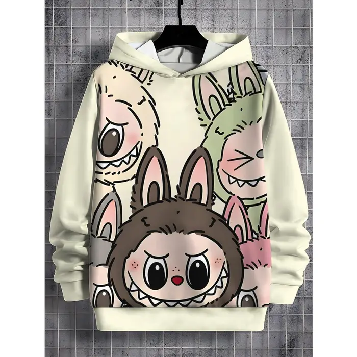 huiteng1 Felpa con cappuccio da bambino stampata LABUBU 2025, carina in stile cartone animato, felpa da ragazza, abbigliamento sportivo