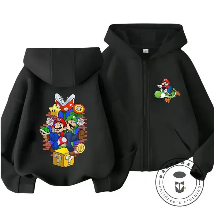 huiteng1 Felpa con cappuccio e zip per bambini di Mario con stampa di gioco retrò, adatta per lo stile casual da esterno, street wear