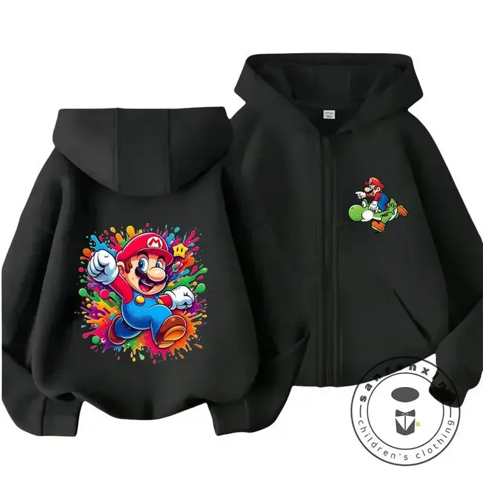 huiteng1 Felpa con cappuccio e zip per bambini di Mario con stampa di gioco retrò, adatta per lo stile casual da esterno, street wear