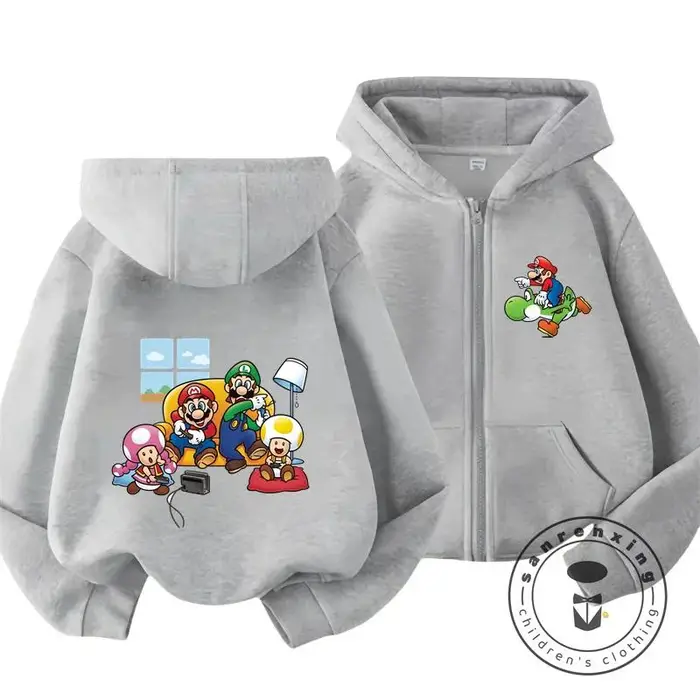 huiteng1 Felpa con cappuccio e zip per bambini di Mario con stampa di gioco retrò, adatta per lo stile casual da esterno, street wear