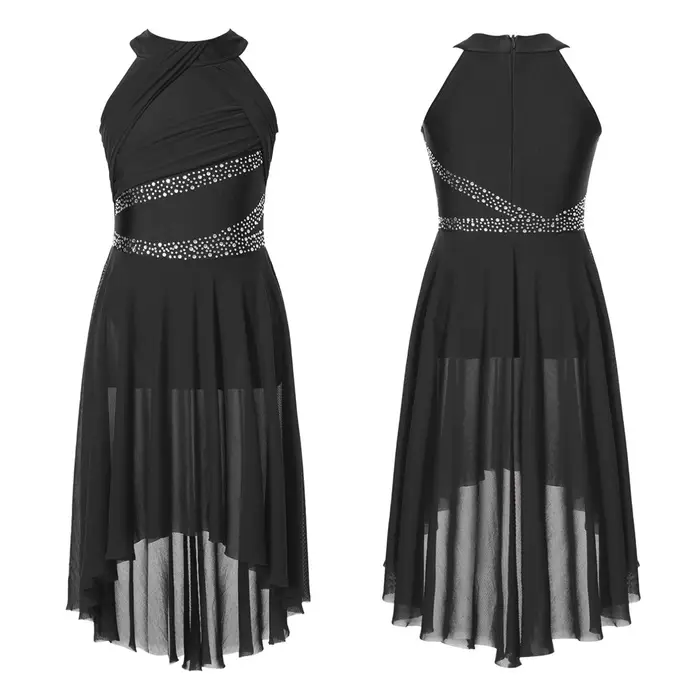 HULIJA Body da balletto lirico per bambina senza maniche con strass lucidi, costume da ballo latino moderno contemporaneo 15-16 Years nero