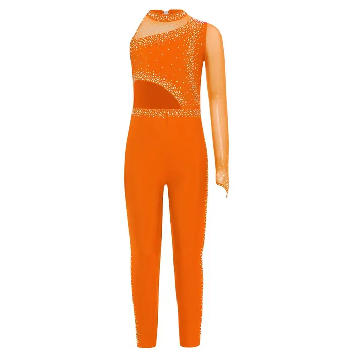 HULIJA Tuta da ginnastica da ragazza patchwork in rete trasparente con design asimmetrico cut-out, collo alto, strass scintillanti, body
