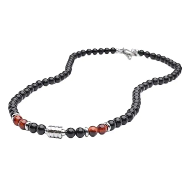 HYRKOTW Collana Uomo, Collana Uomo in Pietre Naturali con 6 mm Perle di Ossidiana Nera e Pietra occhio di tigre rossa 6 mm - Gioiello