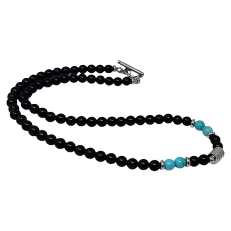 HYRKOTW Collana Uomo, Collana Uomo in Pietre Naturali con 6 mm Perle di Ossidiana Nera e turchese 6 mm - Gioiello Maschile Elegante, Ideale
