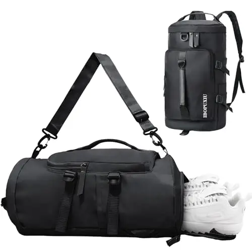 IBOPUXIU Borsone Palestra Nero con Scomparto Umido, Borsa Sportiva Uomo Impermeabile per Palestra, Viaggi, Campeggio