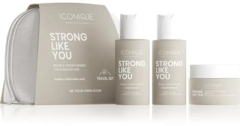 Iconique professional STRONG LIKE YOU Shampoo 70 ml, balsamo 70 ml & Maschera 50 ml kit da viaggio per capelli rovinati