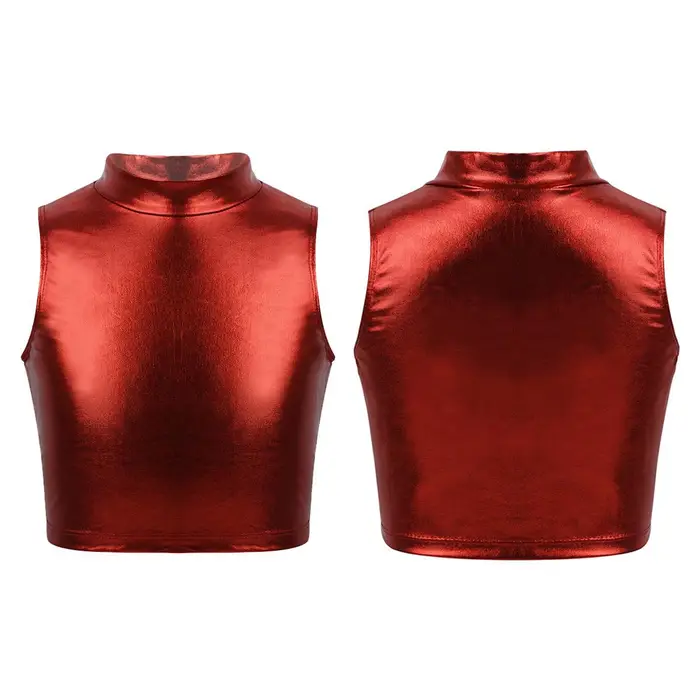 iEFiEL 2 Canottiere corte da bambina per bambina, metallizzate, senza maniche, con collo alto, per allenamenti di danza classica