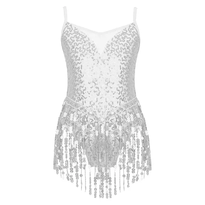 iEFiEL Body da ballo per bambina, abbigliamento elegante, senza maniche, scollo a V, paillettes lucide, patchwork in rete, orlo con nappe 9