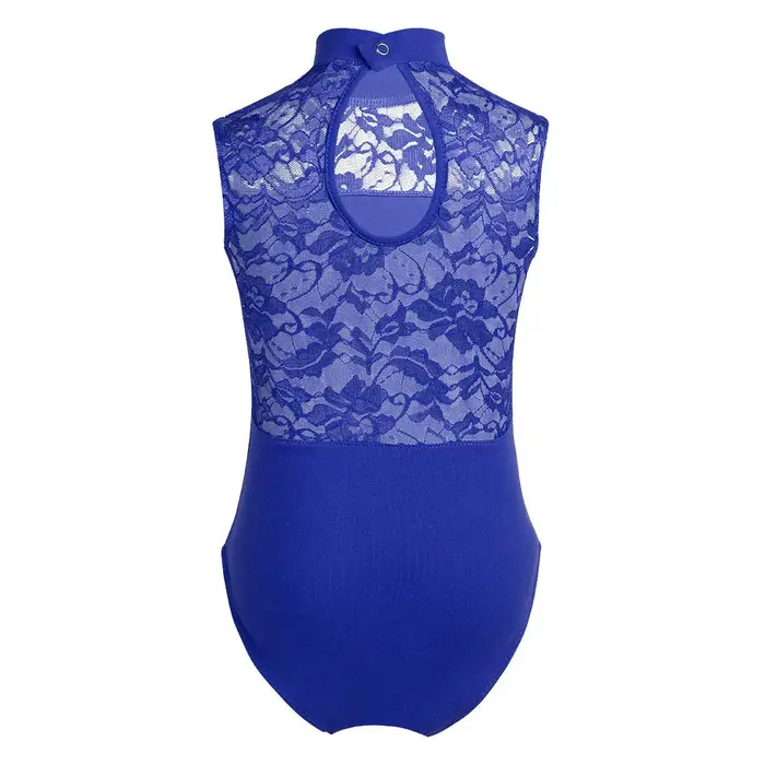 Body per bambina, danza classica, ginnastica, pizzo, collo alto, retro in pizzo, senza maniche 13-14 Years blu
