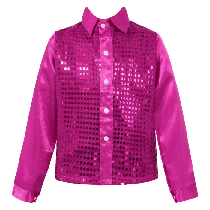 Camicia a maniche lunghe con paillettes per bambini, ragazzi, hip-hop, jazz, discoteca, top, costumi da spettacolo 10-12 Years colore rosa caldo