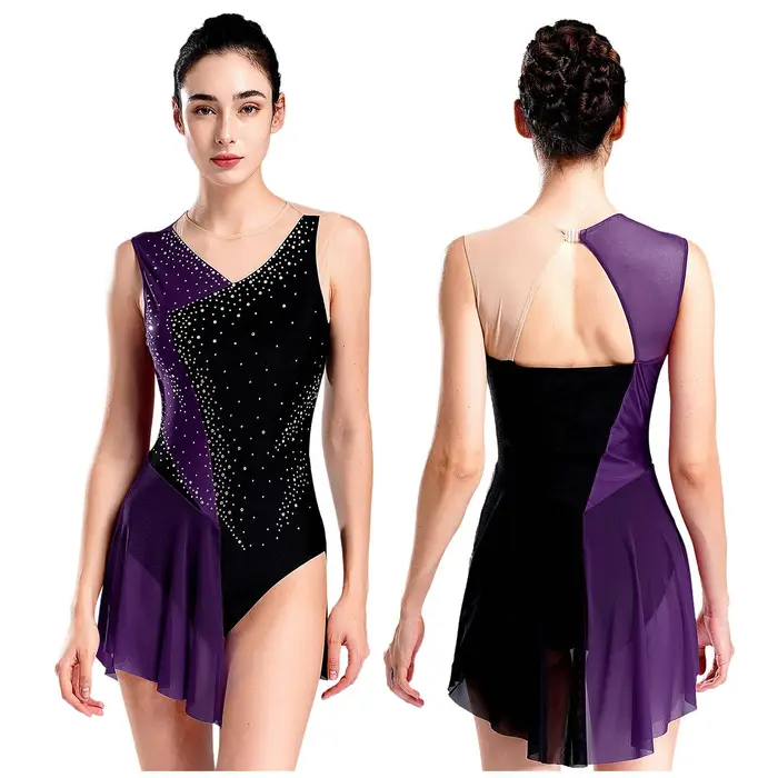 Costume da pattinaggio artistico da donna, con strass scintillanti, a blocchi di colore, senza maniche, con schiena scoperta, in rete trasparente, con gonna patchwork XXL violetto
