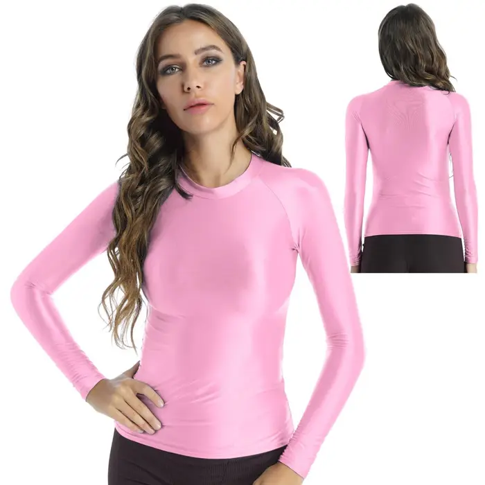 T-shirt da donna lucida a maniche lunghe da donna tinta unita slim fit traspirante Top Yoga Sportwear XL rosa