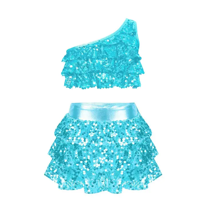 iEFiEL Top corto metallizzato con paillettes per bambina e gonna Set abiti da ballo latino jazz 2 pezzi Costume da ballo 3-4 Years