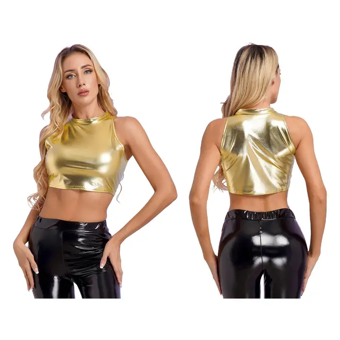 Top Corto Metallizzato da Donna con Collo Alto Mock, Rave Dance, Lucido, Senza Maniche, Aderente, Canottiera, Mini Gilet per Feste, Carnevale, Costumi da Nightclub L oro