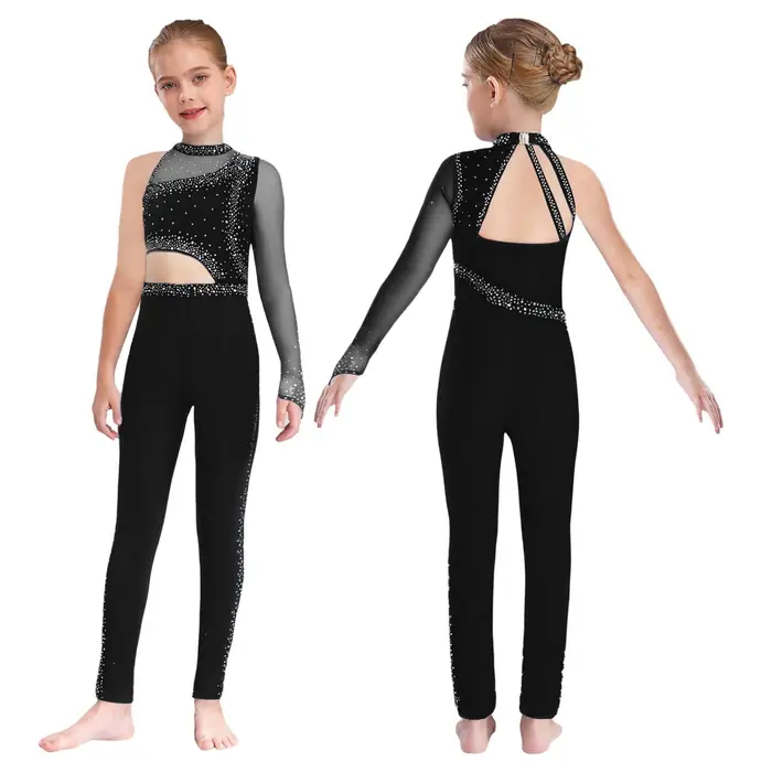 iEFiEL Tuta da Ginnastica Monospalla da Ragazza Rete Trasparente Strass Scintillanti Body Intero Costumi da Balletto Pattinaggio Artistico
