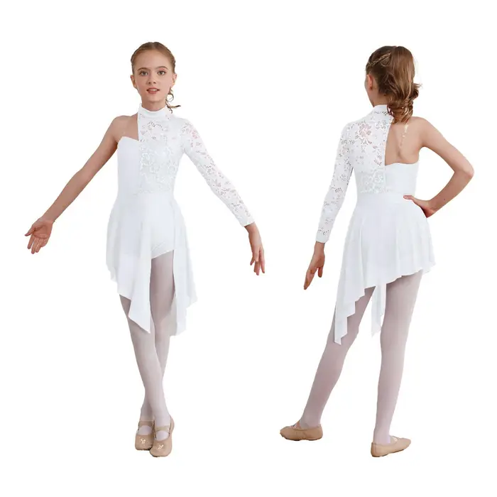 iEFiEL Vestito da ballo lirico per bambina, costumi da ballo, body da ginnastica, con gonna asimmetrica, per pattinaggio artistico