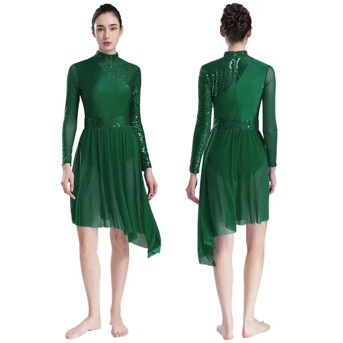 Vestito da ballo moderno da donna, con canotta, asimmetrico, a vita alta e bassa, in rete, senza maniche, body da ginnastica M verde