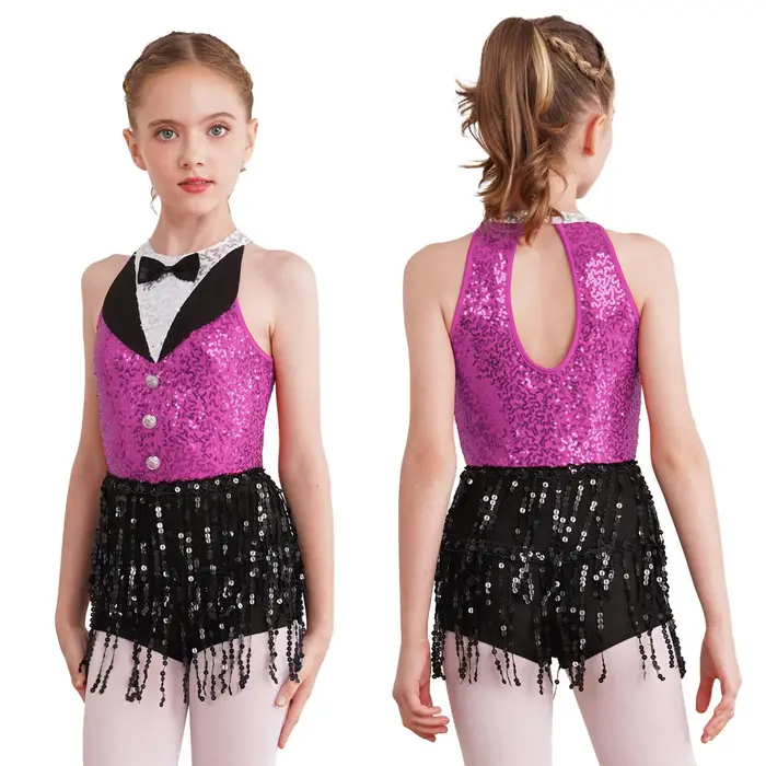 iEFiEL Vestito da body da ballo latino per bambina, senza maniche, con paillettes lucide, orlo con nappe, per pattinaggio artistico