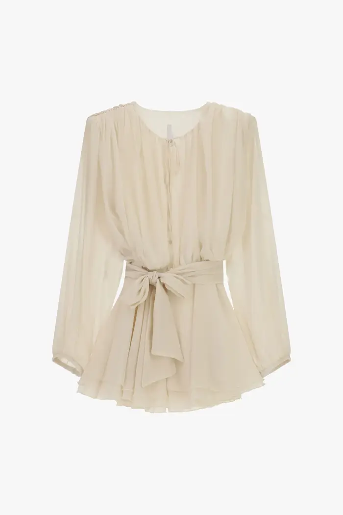 Abito corto con maniche lunghe e cintura annodata Panna