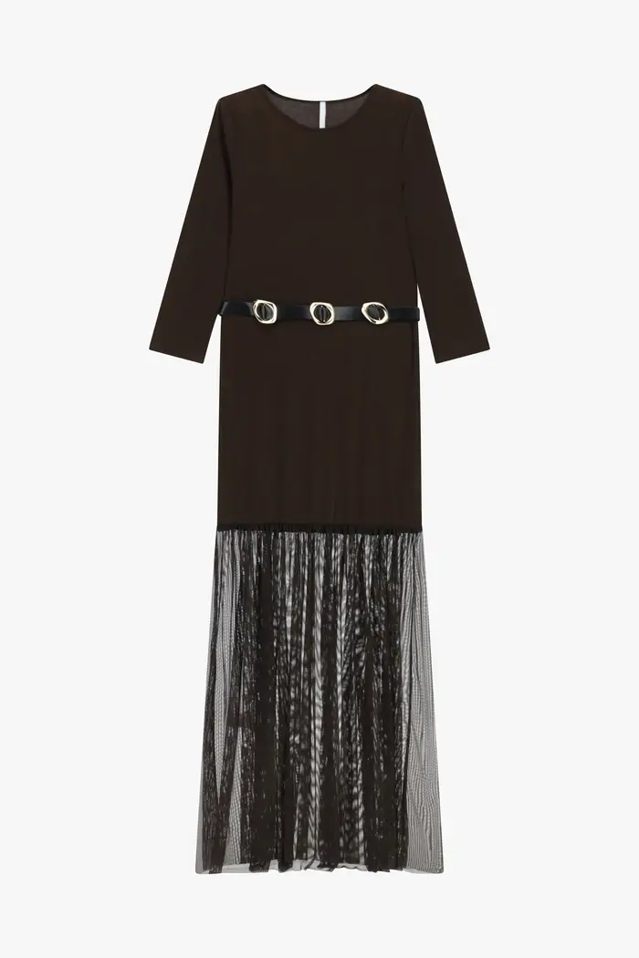 Imperial Abito lungo con dettagli in rete e cintura Fondente