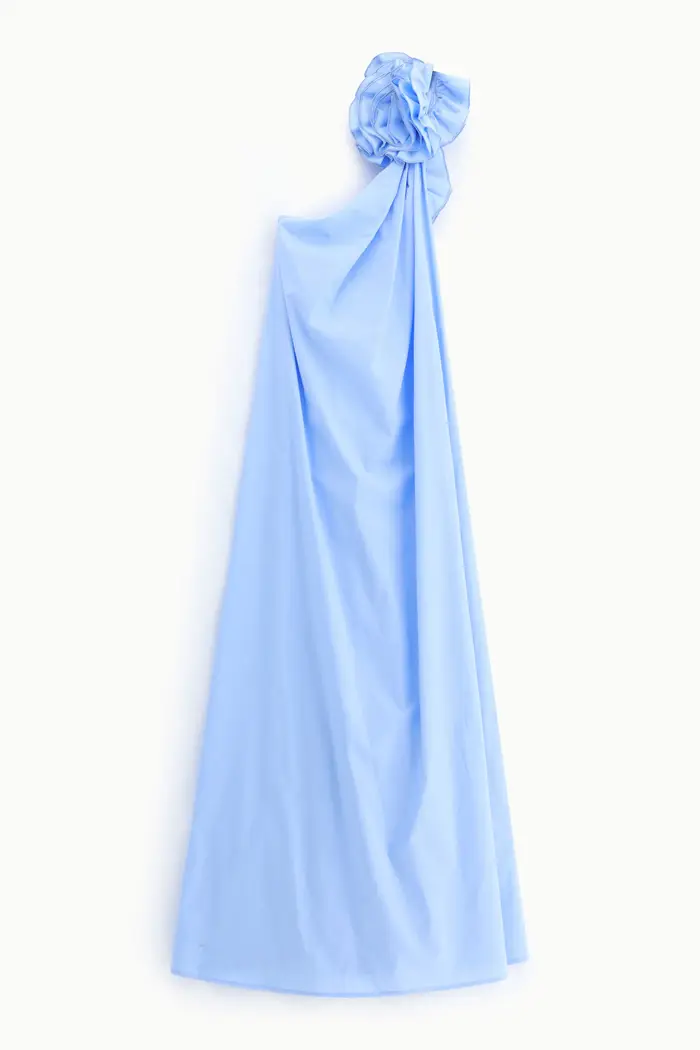 Abito lungo monospalla con maxi applicazioni Azzurro