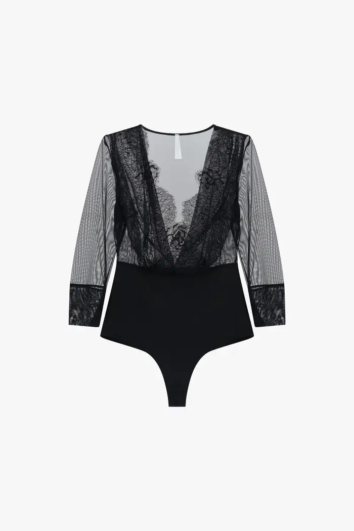 Body con scollo a v e maniche trasparenti Nero
