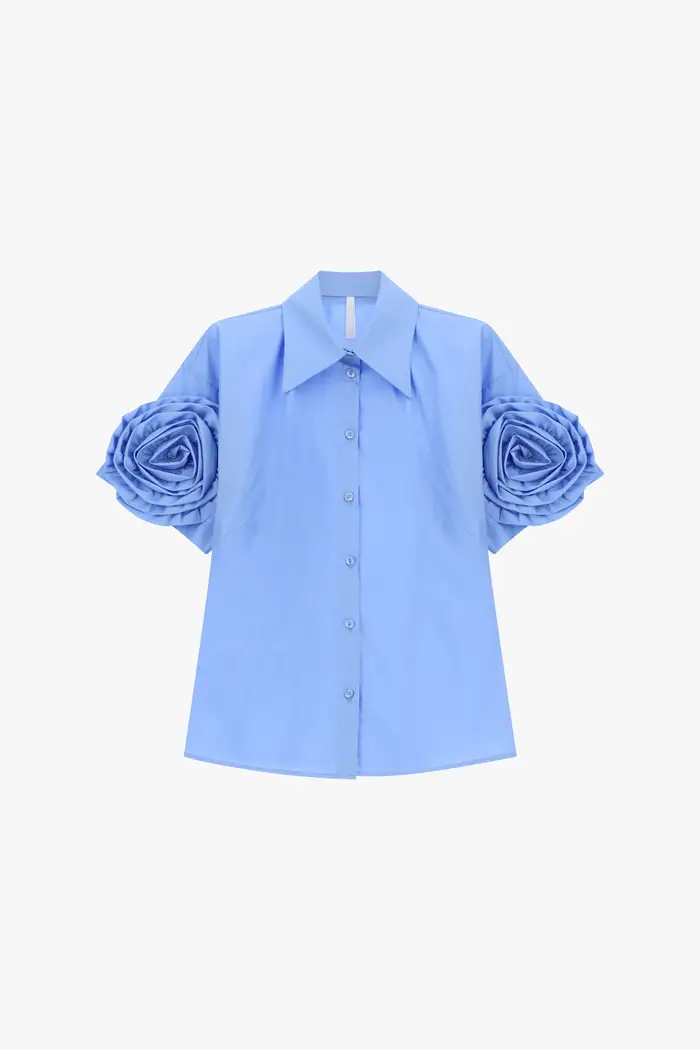 Camicia a maniche corte con colletto classico e dettagli floreali Azzurro