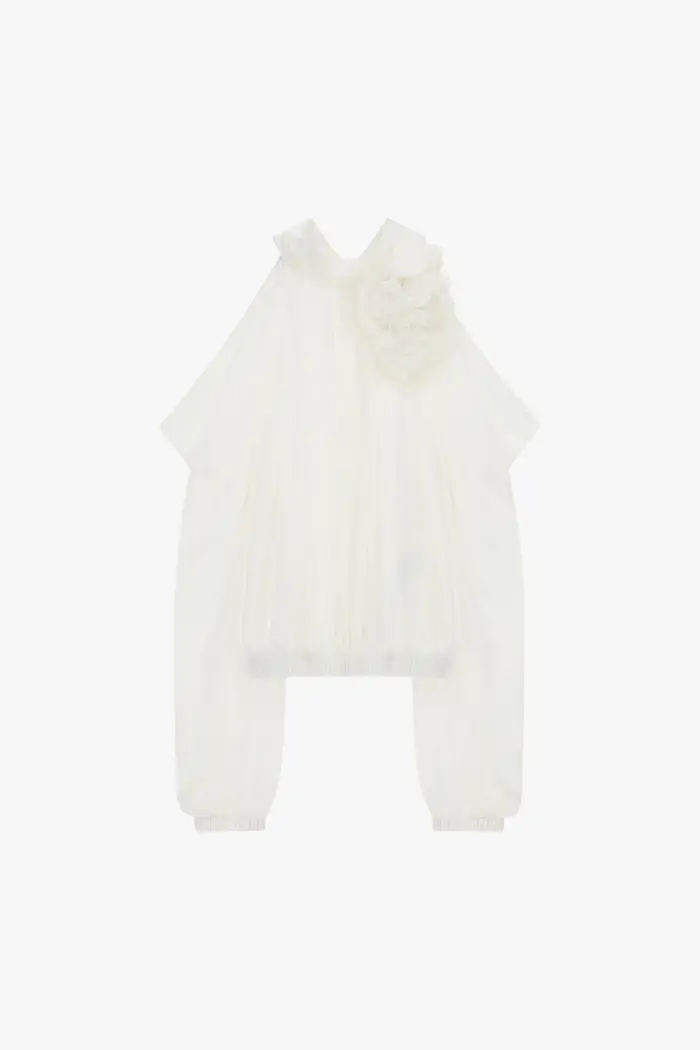 Camicia ampia con maniche lunghe e dettaglio floreale Latte