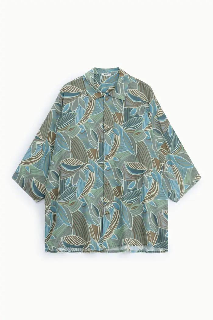 Camicia stampa foglie con maniche corte over Tabacco