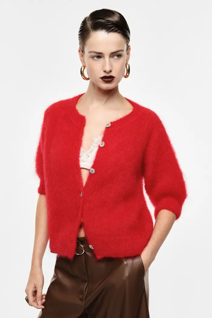 Cardigan con maniche a metà braccio e bottoni frontali Rosso