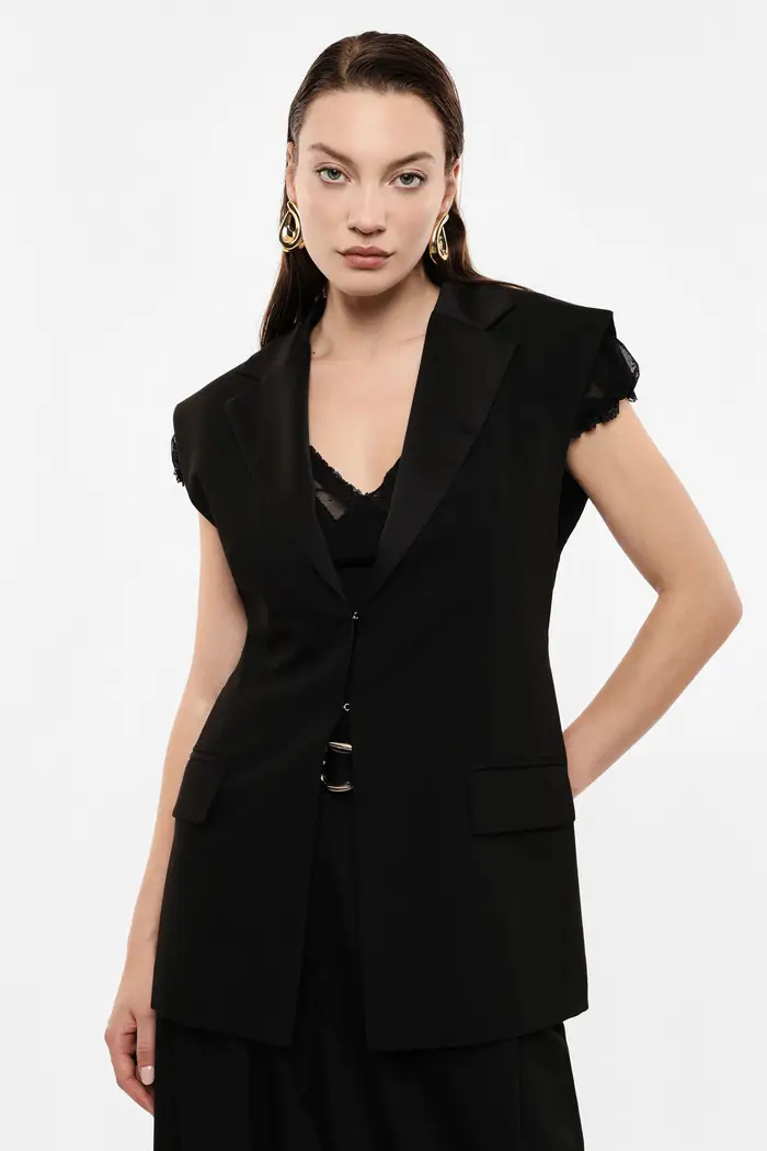 Gilet sartoriale monopetto con rever ampio Nero