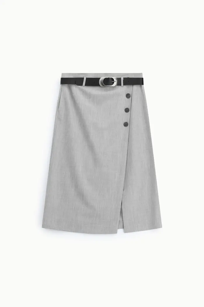 Gonna midi con cintura e abbottonatura asimmetrica Grigio melange