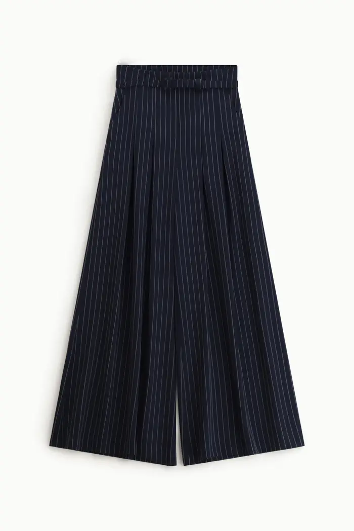 Pantaloni palazzo a righe con cintura e pieghe Blu