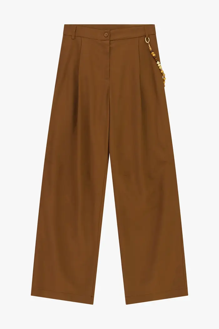 Pantaloni palazzo a vita alta con dettaglio perle Tabacco