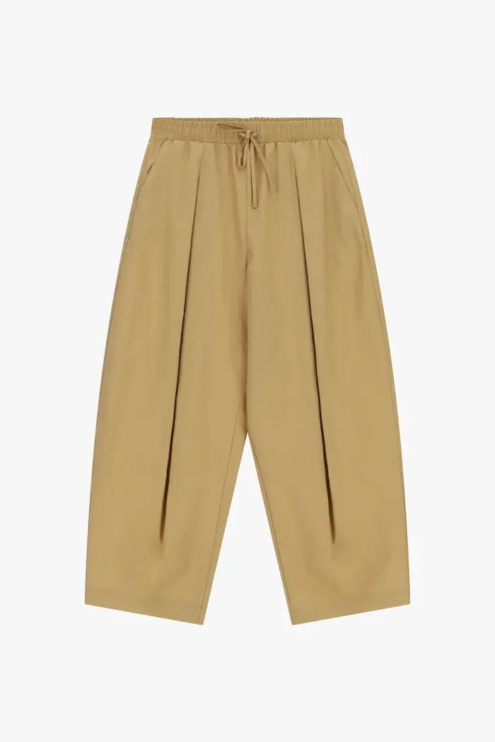 Pantaloni palazzo cropped con pince e vita elasticizzata Cammello