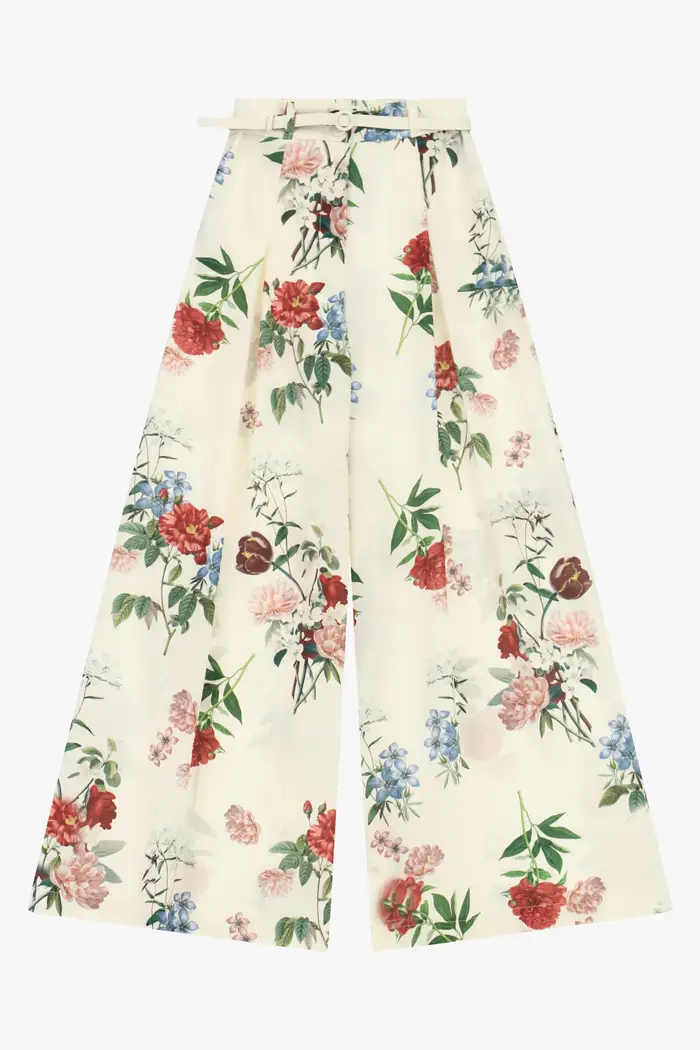 Pantaloni palazzo stampa floreale e cintura Panna