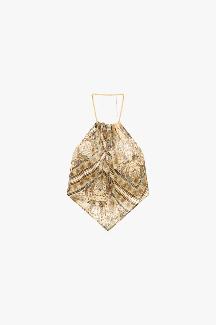 Top a foulard con scollo allacciato e stampa paisley Beige